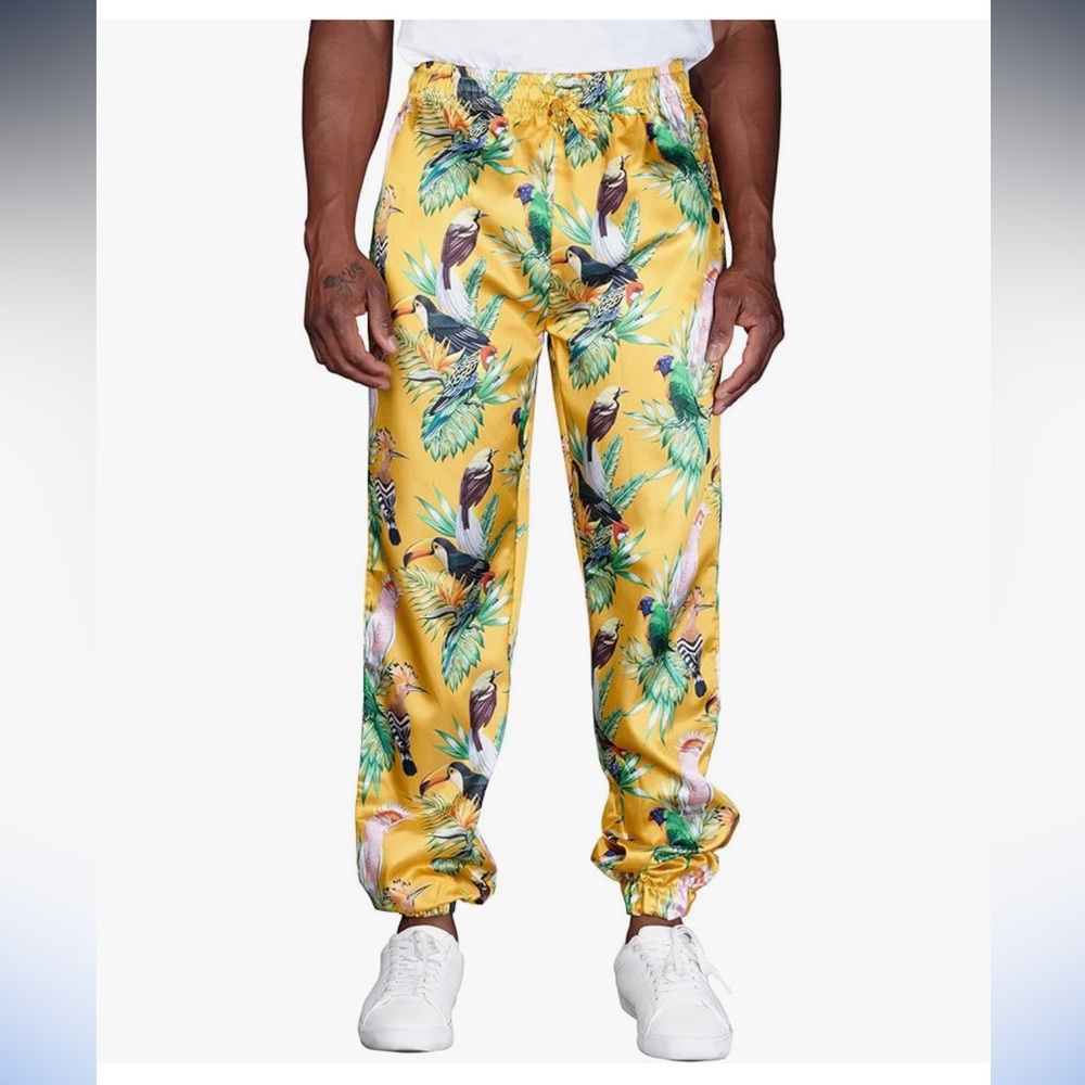 Mad Engine Men's Tropical Birds of Paradise Gold Satin Lounge Jogger Sleep Pants